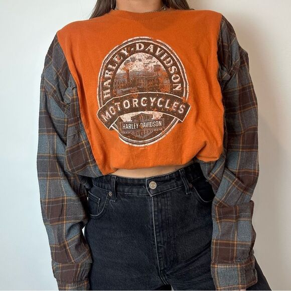 Reworked Upcycled Harley-Davidson Long Sleeve Plaid Flannel Loose Fit Shirt Top - Picture 4 of 4
